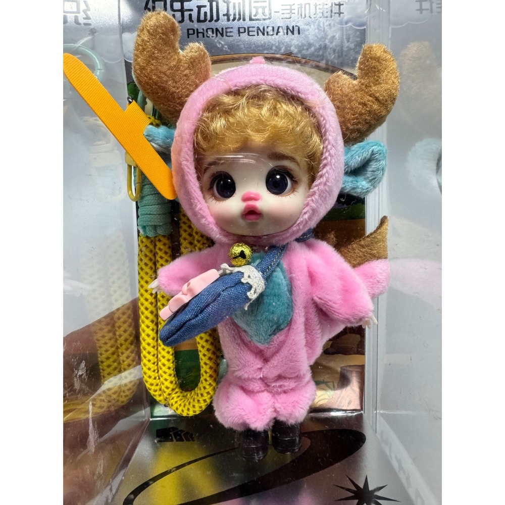 Molly Fen Phone Pendant Plush Doll Pink Reindeer Costume Yellow Lanyard Toy